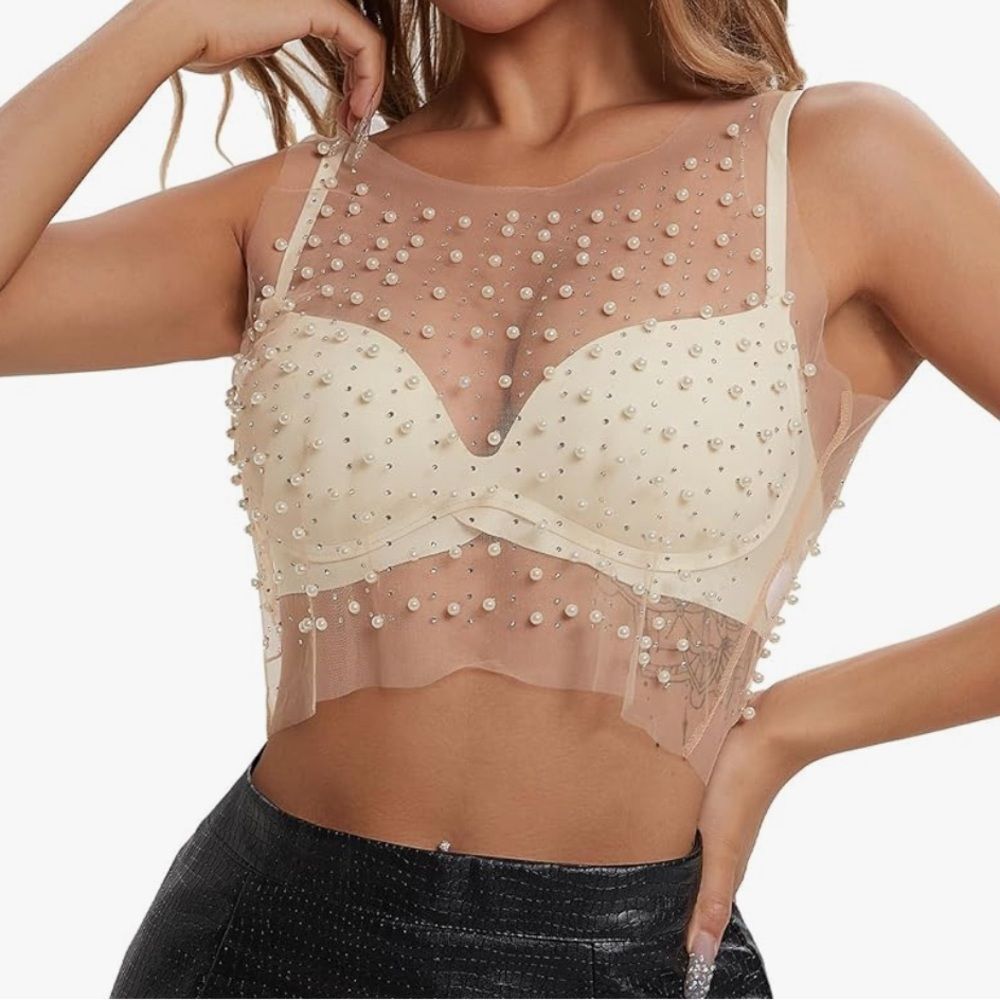 Sheer Pearl-Embellished Tank Top - Cream